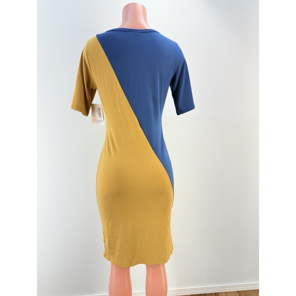 LuLaRoe Julia M Dress Bodycon Mustard Color Blue Stretch Knee Length Comfy Soft - Picture 4 of 13